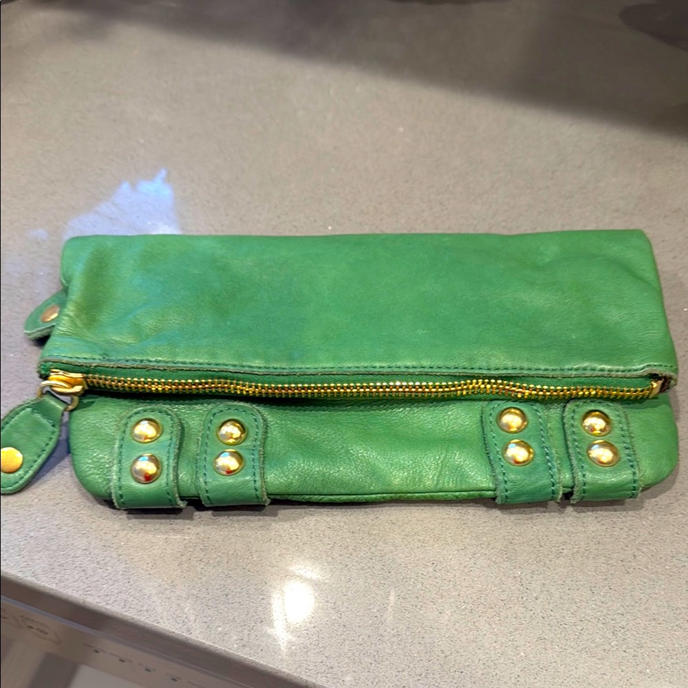 Green Leather linea pelle Clutch with Gold Accents